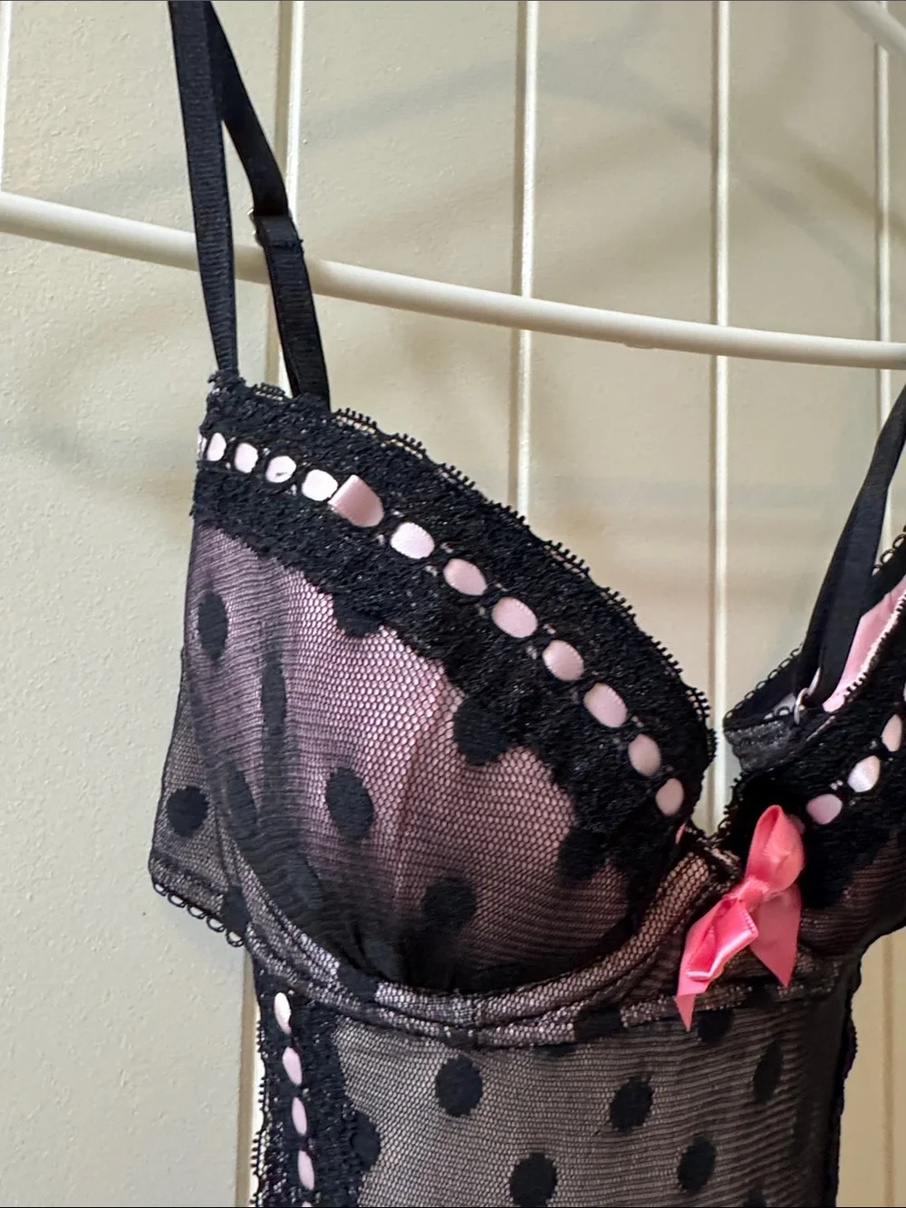 Victoria’s Secret Black Polka Dot Mesh Chemise with Pink Satin Bows 34B